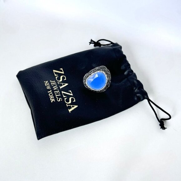 NEW ZSA ZSA Cocktail Ring Blue Cat's Eye Swarovski Adjustable Sterling Silver - Picture 10 of 10